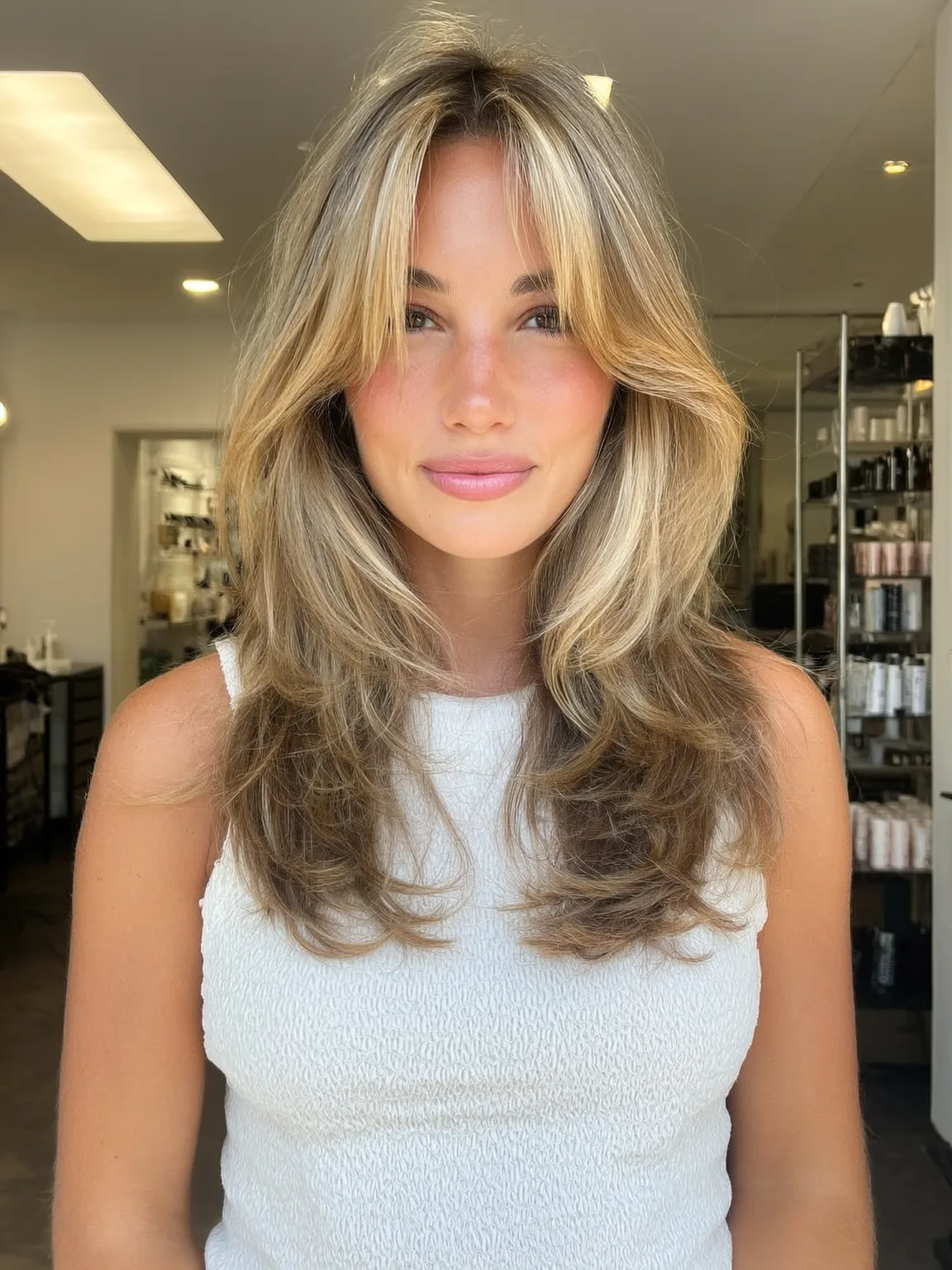 sandy blonde balayage layered cut